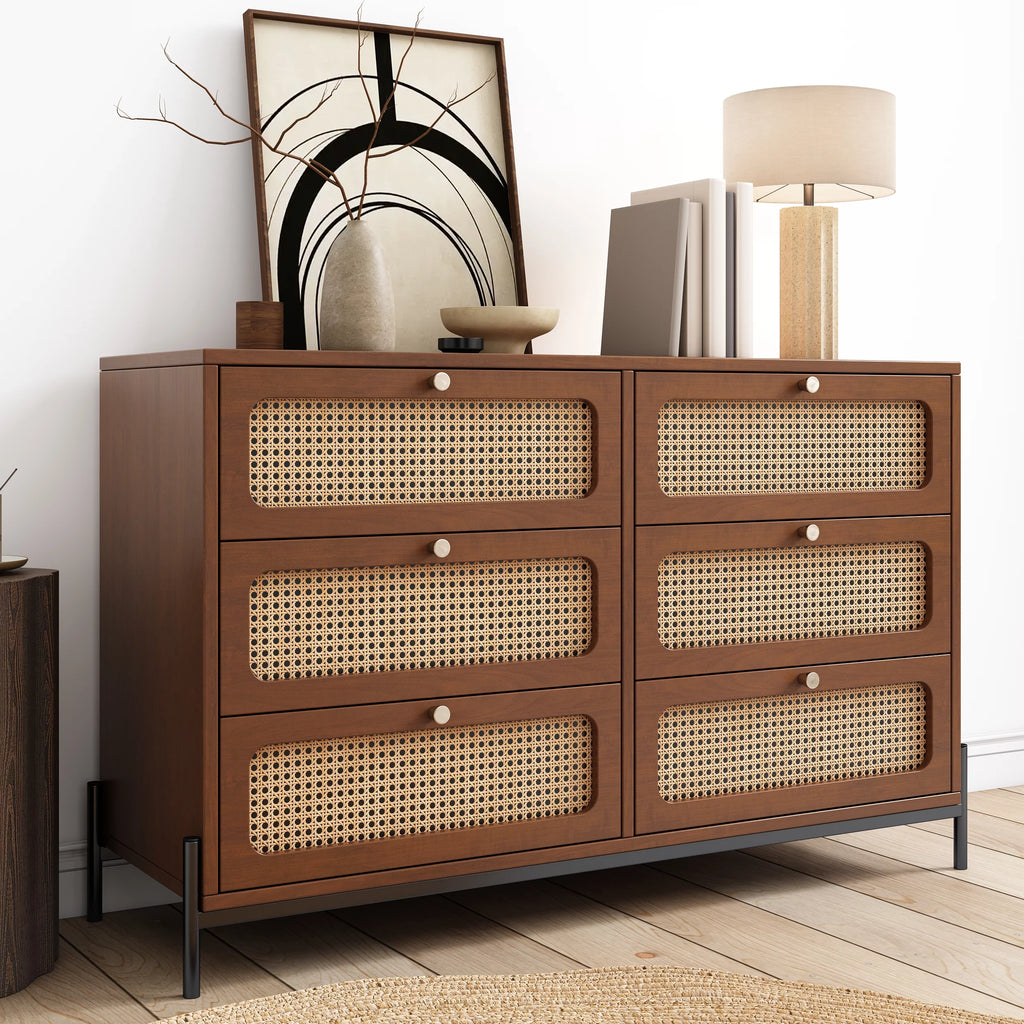 6-Drawer Rattan Wood Dresser Storage Cabinet M622