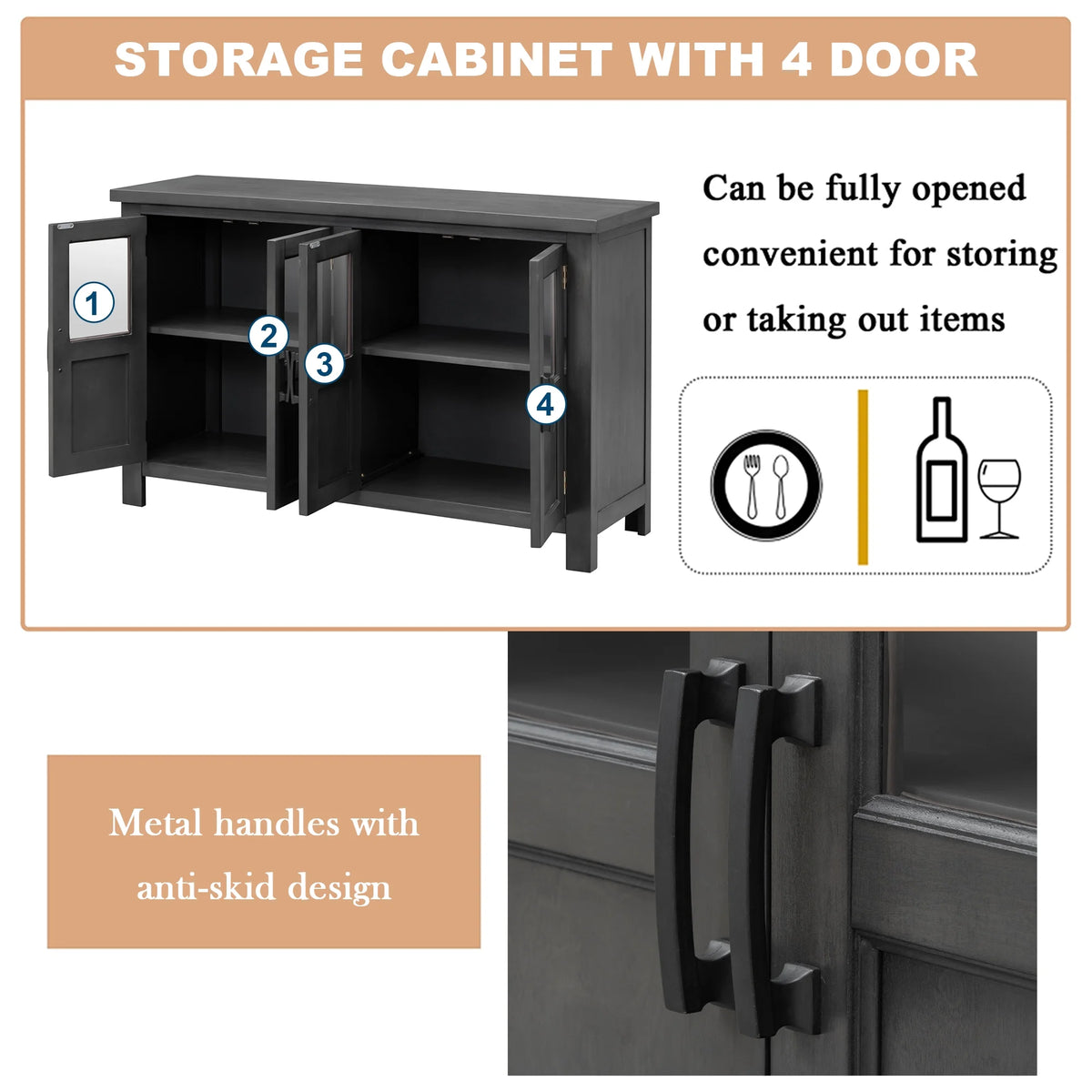 Gray 4 Door Buffet Cabinet with Adjustable Shelves H24990