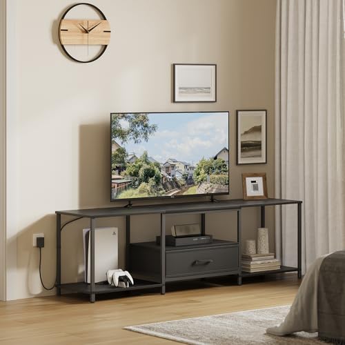 Black TV Stand with Fabric Drawer and Open Shelves D5907