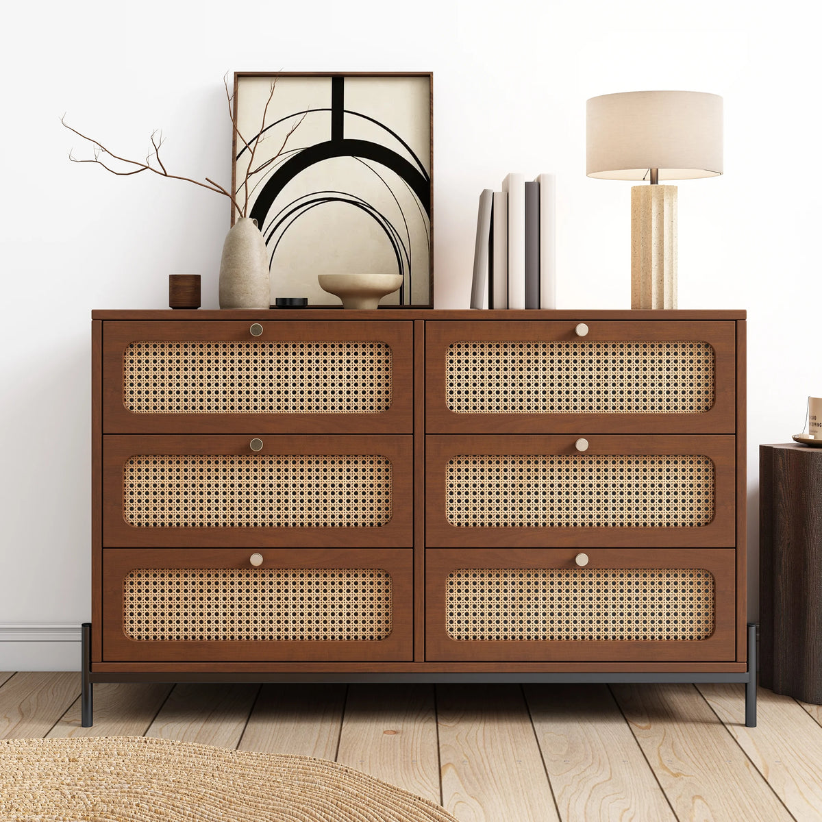 6-Drawer Rattan Wood Dresser Storage Cabinet M622