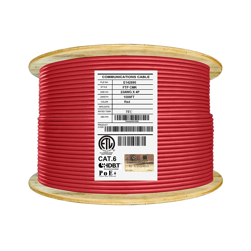 Cat6 Shielded Riser 1000ft F/UTP 23AWG Solid Bare Copper 550MHz Bulk Ethernet Cable Reel Orange A897777